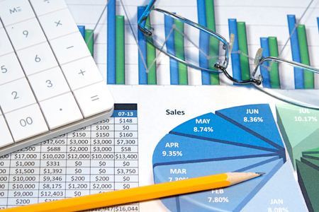 Financial charts, a calculator and a pencil